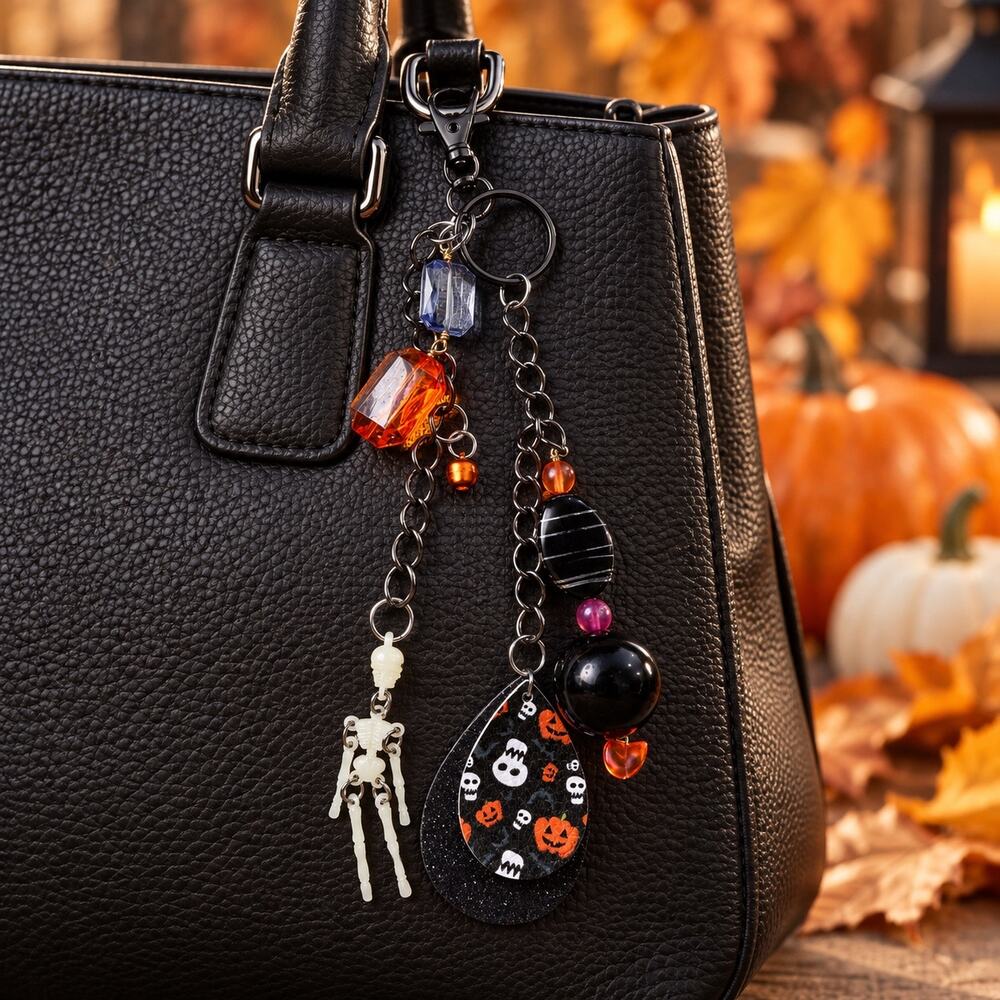 Halloween Purse Charm Skeleton Pumpkin Beaded Keychain 8β